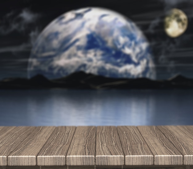 Бесплатное фото 3d визуализация деревянного стола, глядя на расфокусированным ночную сцену с вымышленной планетой