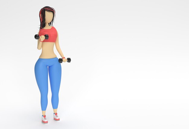3D는 아령 스포츠, 요가 및 유방 개념 3d 일러스트레이션 디자인으로 운동을 하는 여성 만화 캐릭터를 렌더링합니다.