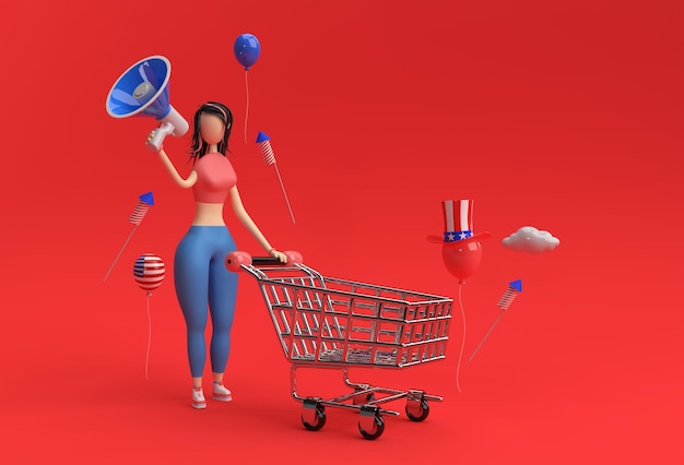 3D визуализация Женщина с тележкой для покупок объявляет о мега-распродаже в День независимости США, праздник 4 июля
