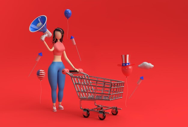 3D визуализация Женщина с тележкой для покупок объявляет о мега-распродаже в День независимости США, праздник 4 июля