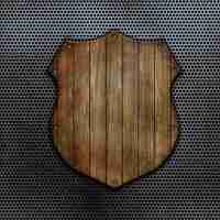 Free photo 3d render of a wooden shield on a perforated metal background