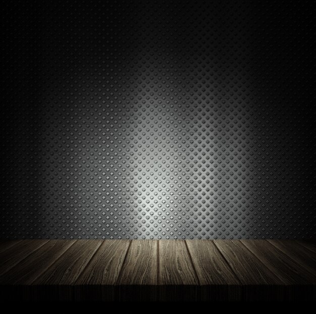 3d render of a wooden table against a metal wall