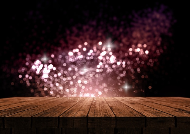 Free photo 3d render of a wooden table against a sparkle bokeh lights background