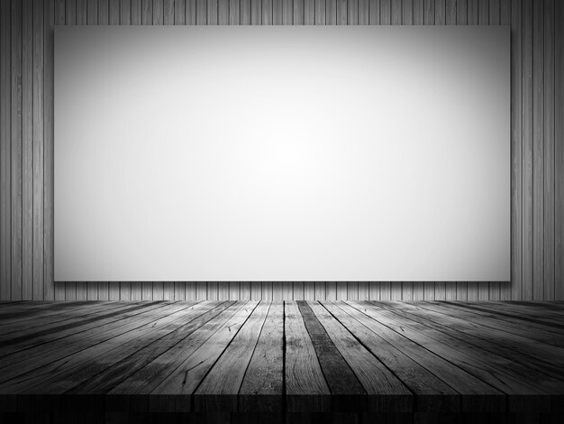 3D render of a wooden table looking out to a blank canvas on a wood wall