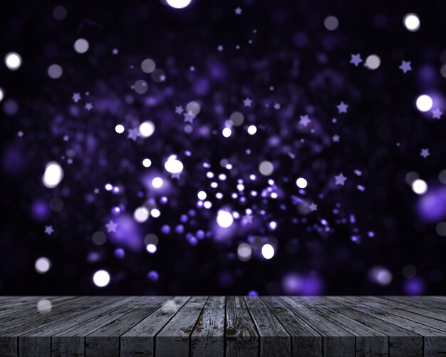 3d render of a wooden table looking out to a defocussed bokeh lights background