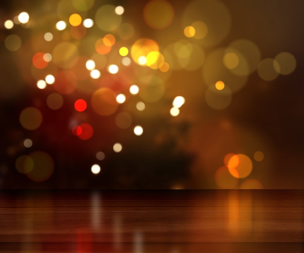 3d render of a wooden table looking out to a defocussed christmas tree