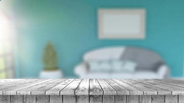 3d render of a wooden table looking out to a defocussed room interior with sun shining in the window