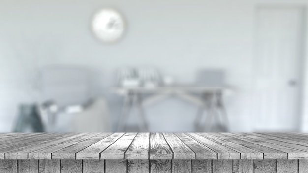 3d render of a wooden table looking out to a defocussed room interior