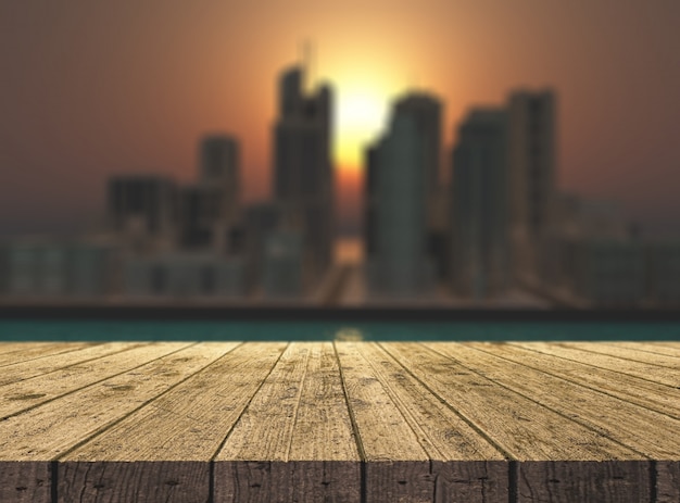 3d render of a wooden table looking out to a fictional city landscape