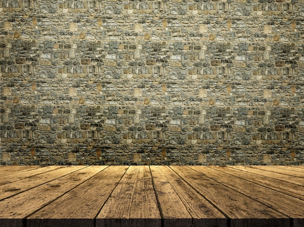 3d render of a wooden table looking out to a stone wall texture