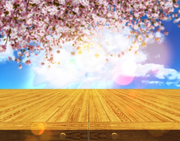 3D визуализации деревянный стол против defocussed вишневого дерева цвету фона