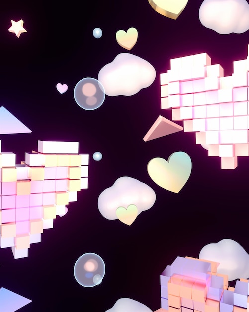 3d rendered glowing voxel hearts bubbles and clouds in the dark