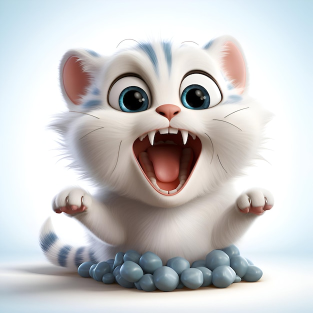 Free photo 3d rendered illustration of a cute white kitten playing with blue beads