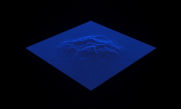 3d 렌더링된 지형 산 그리드 와이어프레임. 홀로그램 지형.