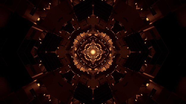 3D рендеринг абстрактного фона футуристического кругового туннеля со светящимися коричневыми и золотыми огнями