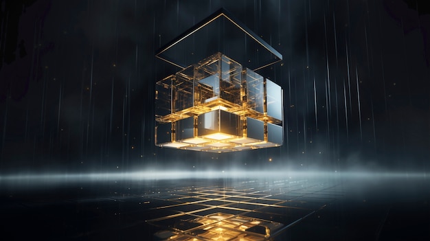 3d rendering of abstract cube floating in nature