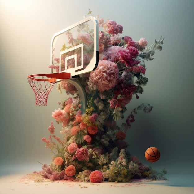 Foto gratuita rappresentazione 3d del canestro di pallacanestro decorato con i fiori