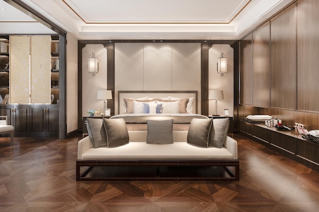 3D-рендеринг красивой современной роскошной спальни в отеле с телевизором