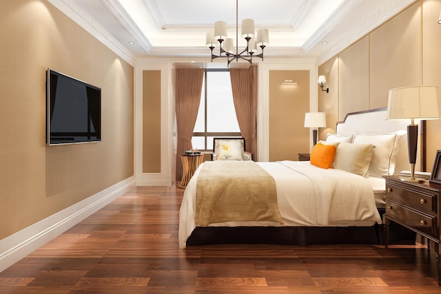 テレビ付きホテルの美しい現代的な豪華なベッドルームスイートの3Dレンダリング