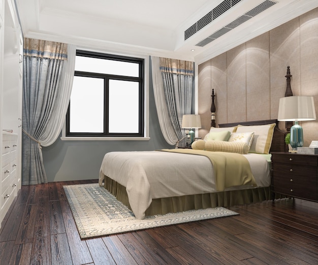 Free photo 3d rendering beautiful luxury bedroom suite in hotel with tv