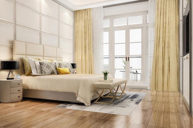 TV와 호텔의 3D 렌더링 아름다운 럭셔리 침실 스위트