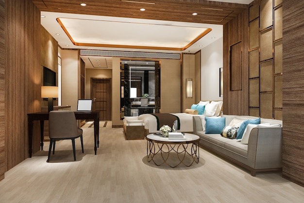Tv와 작업 테이블이 있는 호텔의 3d 렌더링 아름다운 고급 침실 스위트