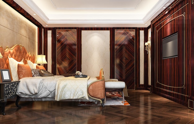 Foto gratuita rendering 3d bella suite da letto classica europea in legno scuro di lusso in hotel