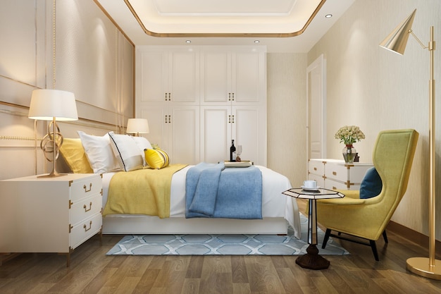 TV와 소파가 있는 호텔의 3d 렌더링 아름다운 고급 노란색 침실 스위트