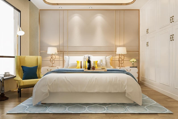 Бесплатное фото 3d-рендеринг красивой роскошной желтой спальни в отеле с телевизором и диваном