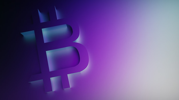 Foto gratuita rendering 3d del segno bitcoin su uno sfondo viola