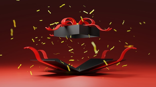 3d rendering black gift box bomb with gold ribbon, black friday, christmas, happy new year. happy birthday, boxing day