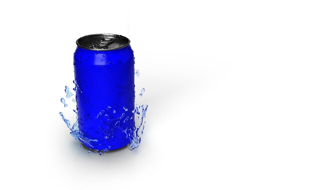 3D rendering of a blue can of soda with water drops on it isolated