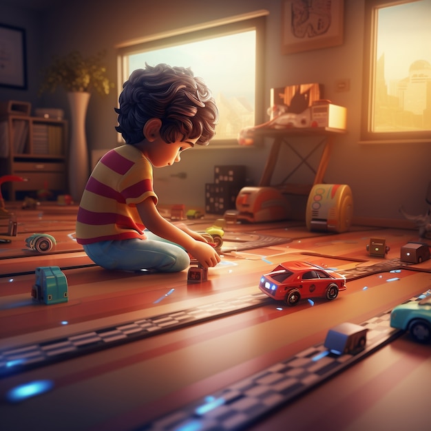 Free photo 3d rendering of boy playing with car toys