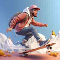 Free photo 3d rendering of boy on skateboard