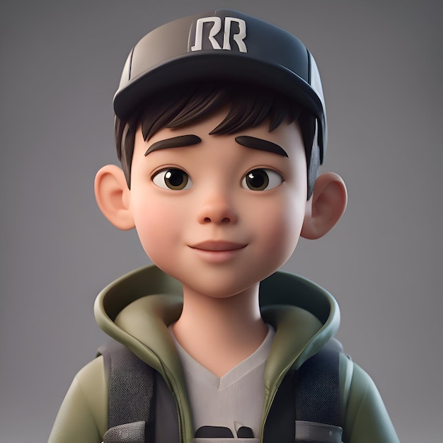 Free photo 3d rendering of a boy wearing a cap with the letter r