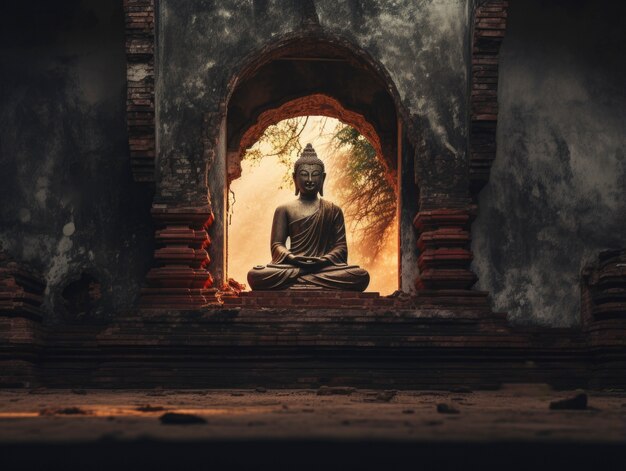 3d rendering of buddha statue in cave