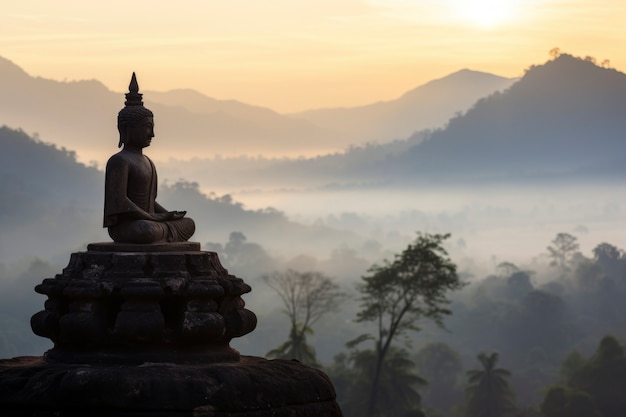 3d rendering of buddha statue above forest