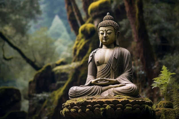 숲에 있는 부처님 동상의 3d 렌더링