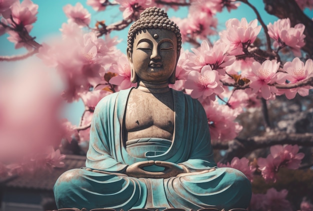 꽃으로 둘러싸인 부처님 동상의 3d 렌더링