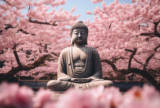 3D-рендеринг статуи Будды в окружении цветов
