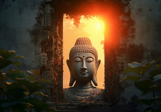 Foto gratuita rappresentazione 3d della statua di buddha a suset