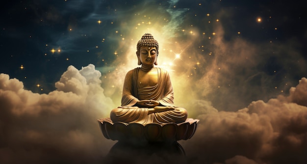 Free photo 3d rendering of buddha statue on top of clouds
