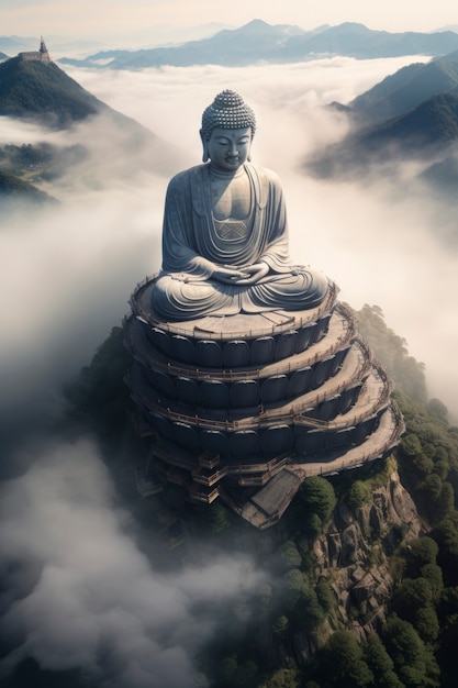 Free photo 3d rendering of buddha statue on top of mountain