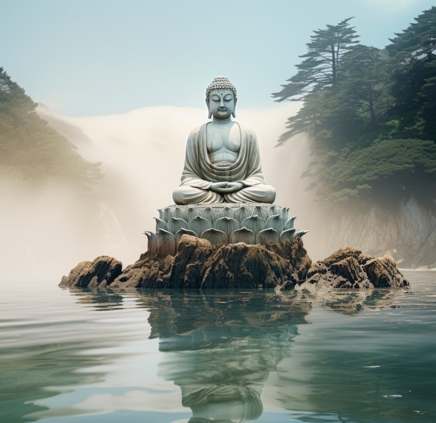 Free photo 3d rendering of buddha statue over water