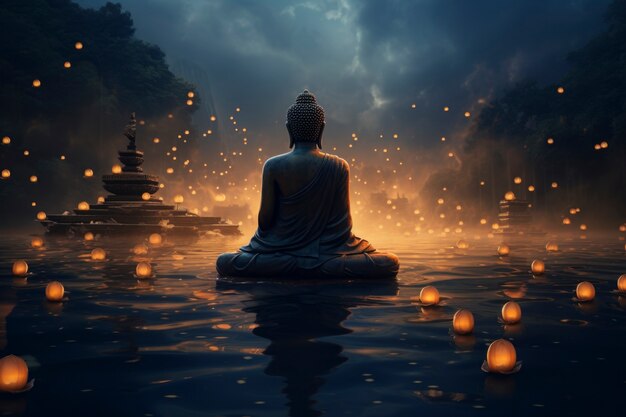 3d rendering of buddha statue with bokeh effect