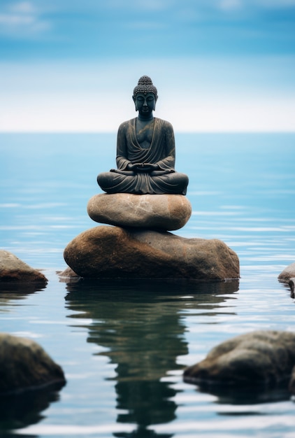 Free photo 3d rendering of buddha statute on lake