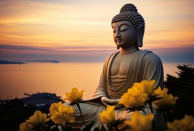 3d rendering of buddha statute at sunset