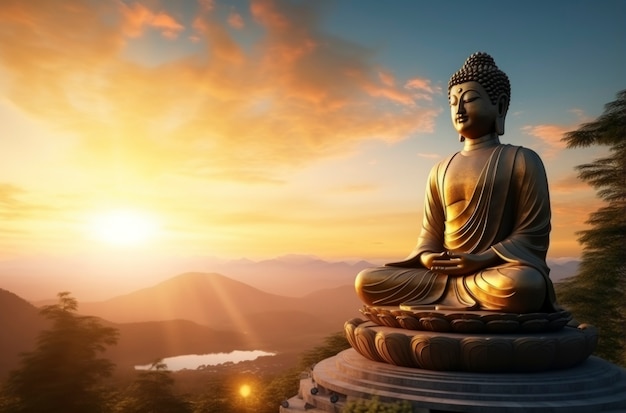 Foto gratuita rappresentazione 3d dello statuto del buddha al tramonto