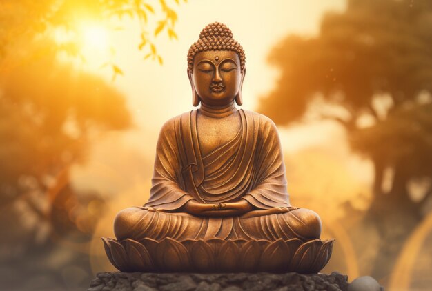 3d rendering of buddha statute at sunset