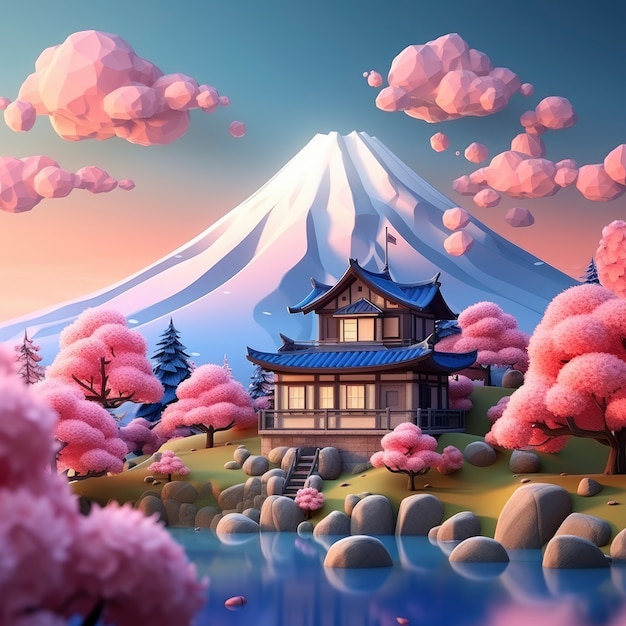 Foto gratuita rappresentazione 3d dell'edificio vicino al monte fuji